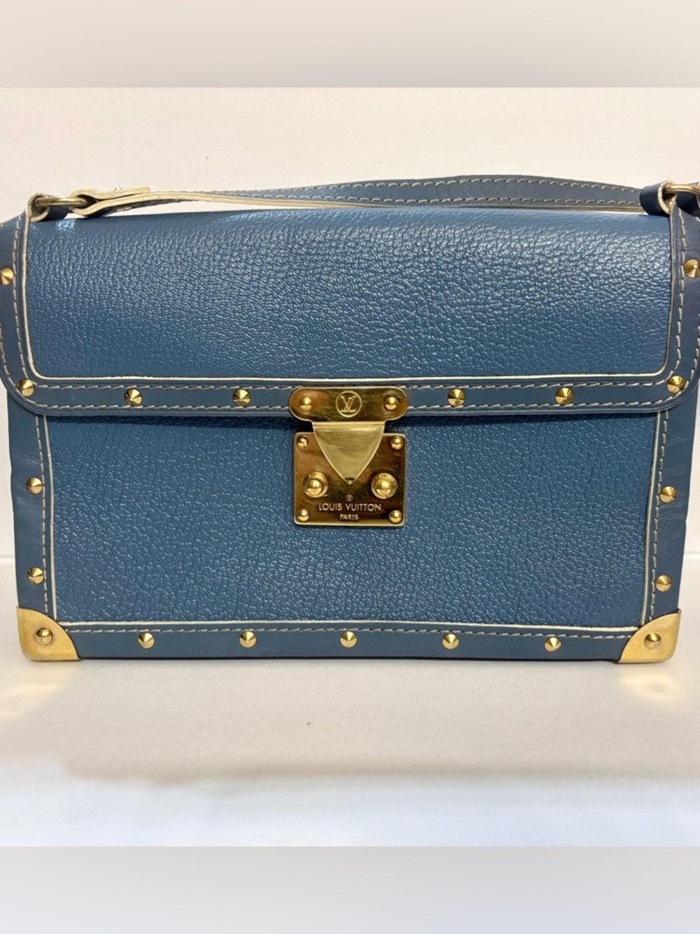 Louis Vuitton Blue Leather Studded Malle Clutch Trunk | Rare | Made in France